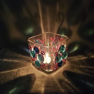 Square Glass Luminary Vase 3.5" Tall x 3.5" Wide Red & Blue